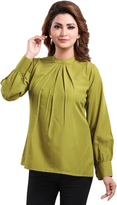 Anmi Gracious Green Polyester Crepe Office Wear Short Tunic Top For Women Solid Women Straight Kurta(Green)