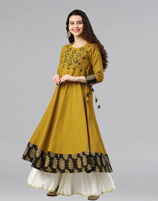 Yash Gallery Women Embroidered Flared Kurta(Yellow)