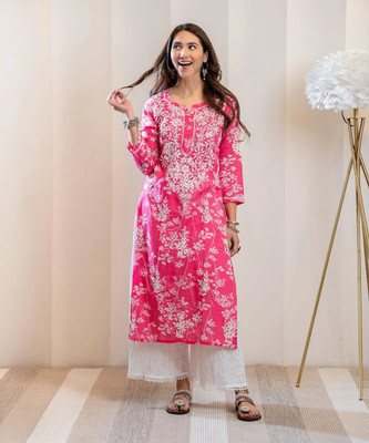 Divastri Women Embroidered A-line Kurta(Pink)