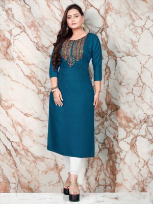 Glory Silk Women Embroidered Straight Kurta(Blue)