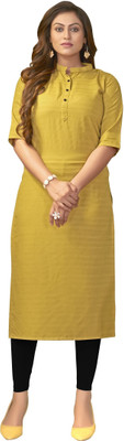Hare Krishna Women Striped Straight Kurta(Yellow)