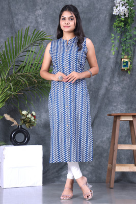 Gahnat Women Printed Straight Kurta(Dark Blue, Grey, White)