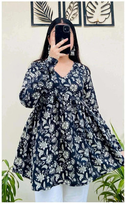 New RJP Craft Women Floral Print Flared Kurta(Blue)