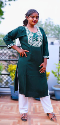 Anmol Collection Women Embroidered A-line Kurta(Dark Green)
