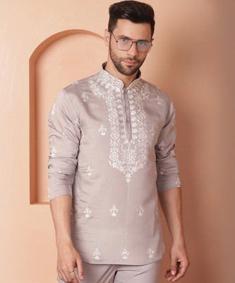 Jompers Men Embroidered Straight Kurta(Grey, White)