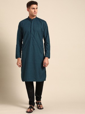 Rajubhai Hargovindas Men Embroidered Straight Kurta(Dark Green)