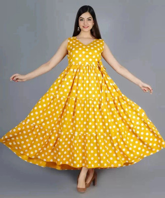 KIPOFASHION Women Polka Print Anarkali Kurta(Yellow)