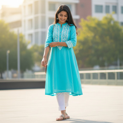 sarfaraz Women Embroidered Anarkali Kurta(Blue)