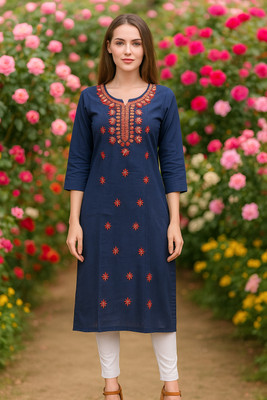 Badry Fashion Women Embroidered Straight Kurta(Dark Blue)