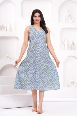 KAMAYRA Women Printed Flared Kurta(Grey)