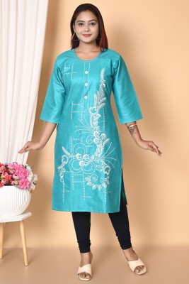 EthnicKurtas Women Embroidered A-line Kurta(Light Blue)