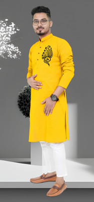 M Biswas Men Printed Straight Kurta(Yellow)