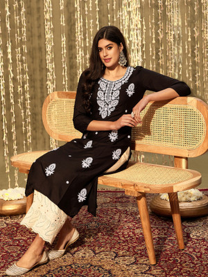 Indo Era Women Chikan Embroidery Straight Kurta(Black)