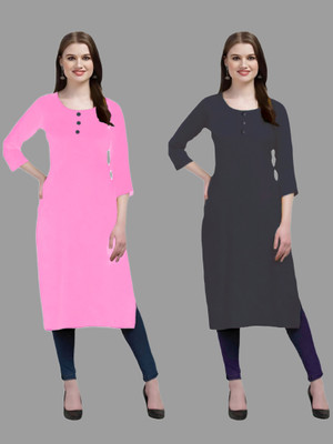 HOFC Women Solid Straight Kurta(Pink, Grey)