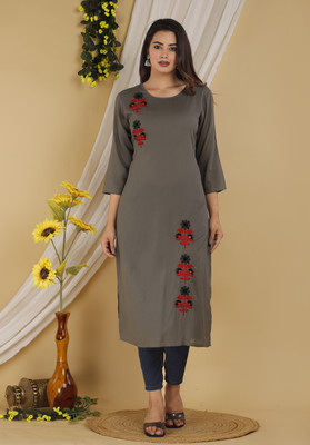 Mehsoos Women Embroidered Straight Kurta(Grey)