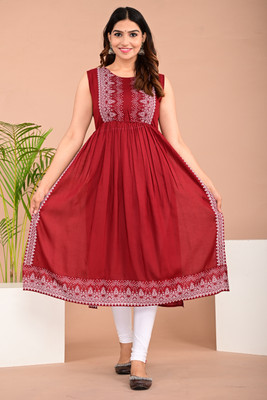 SUBH LAXMI Women Printed Flared Kurta(Maroon)