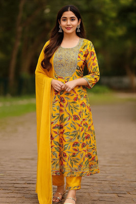 ReshuFashionHub Women Printed, Floral Print, Embellished A-line Kurta(Yellow, Multicolor)