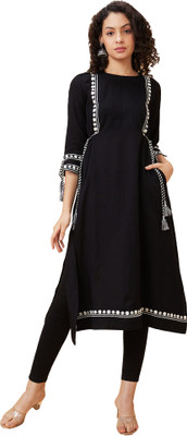 Globus Women Embroidered A-line Kurta(Black)