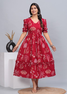 ARCTEE Women Floral Print Anarkali Kurta(Red)