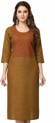 SARANS Women Self Design, Embroidered, Geometric Print Straight Kurta(Brown)