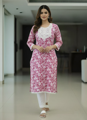 msaffan Women Floral Print Straight Kurta(Pink)