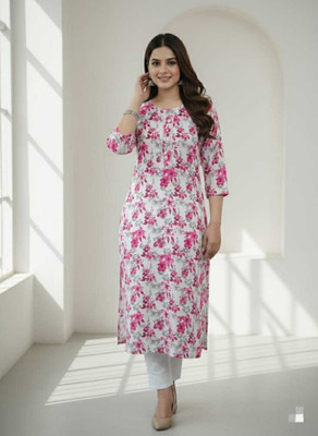 AURADREAMS Women Floral Print, Printed Straight Kurta(Pink)