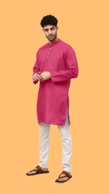 HouseOfCommon Men Solid A-line Kurta(Pink)