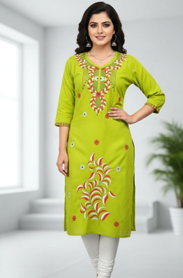 AlishaXpress Women Embroidered A-line Kurta(Light Green)