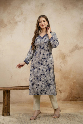 DAEVISH K Women Floral Print Straight Kurta(Blue)