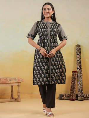 Span Women Printed Straight Kurta(Black)