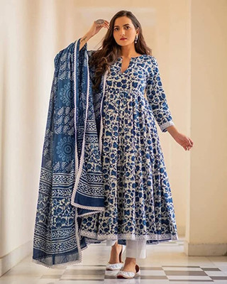 bohara fashions Women Floral Print Anarkali Kurta(White, Dark Blue)