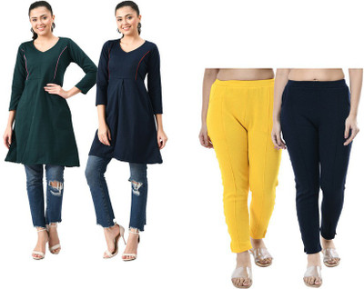 IndiWeaves Women Solid Straight Kurta(Dark Green, Dark Blue)