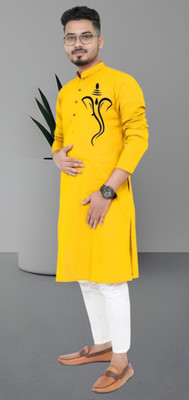 Mamta fab Men Printed Straight Kurta(Yellow)