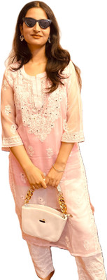 The Sufistore Women Chikan Embroidery A-line Kurta(Pink)