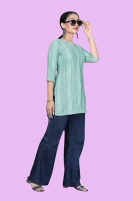 U Creationj Women Striped Trail Cut Kurta(Light Blue)