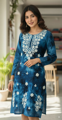 Chikankari Women Embroidered, Dyed/Ombre Straight Kurta(Brown)