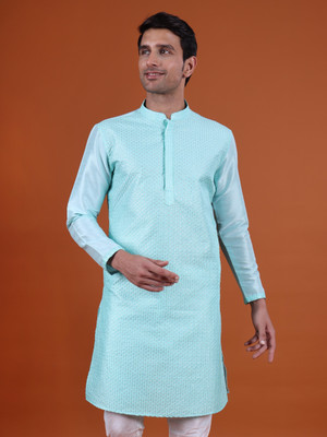Namaskar Men Embroidered Straight Kurta(Blue)