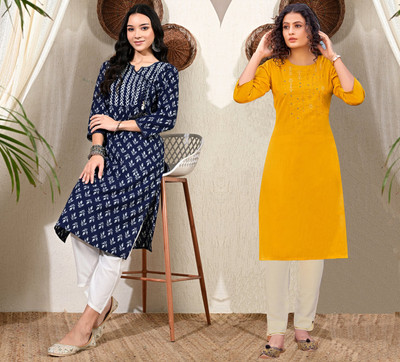 RR SA KURTIS Women Printed Straight Kurta(Blue)