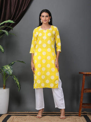 Sold For Style Women Printed Straight Kurta(Yellow)
