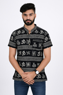 PoojaPrints Men Printed Straight Kurta(Black)