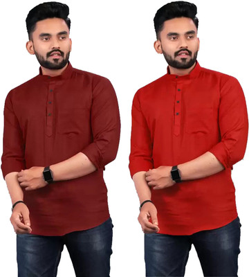 FRELURO Men Solid Straight Kurta(Maroon, Red)