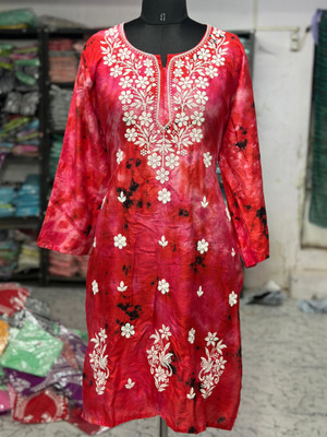 Shibra creation Women Dyed/Ombre, Embroidered, Floral Print, Chikan Embroidery A-line Kurta(Red)