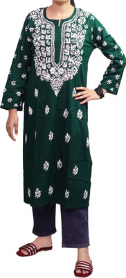 RKNMH Women Chikan Embroidery Straight Kurta(Dark Green)