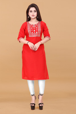 RIDDHI COLLECTION MALL Women Embroidered A-line Kurta(Red)