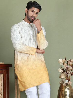 ANOUK Men Printed Straight Kurta(Yellow)