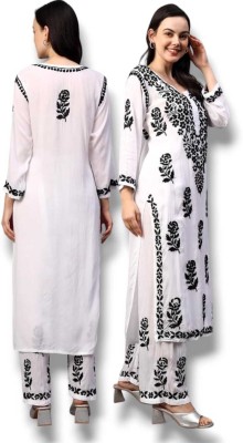 Z HOME Women Chikan Embroidery A-line Kurta(White, Black)