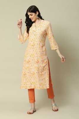 RANGRITI Women Printed Straight Kurta(Yellow)