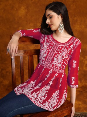 Youthnic Women Chikan Embroidery Flared Kurta(Red)