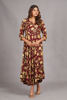 JAI HANUMAN HAND PRINTING Women Floral Print A-line Kurta(Maroon)
