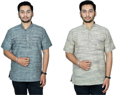isdfabric Men Self Design Straight Kurta(Blue, Grey)